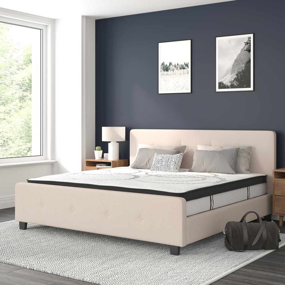 Tribeca King Size Tufted Upholstered Platform Bed in Beige Fabric with 10 Inch CertiPUR-US Certified Pocket Spring Mattress. Picture 2