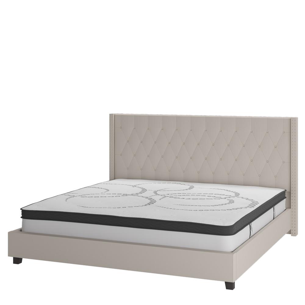 Riverdale King Size Tufted Upholstered Platform Bed in Beige Fabric with 10 Inch CertiPUR-US Certified Pocket Spring Mattress. The main picture.