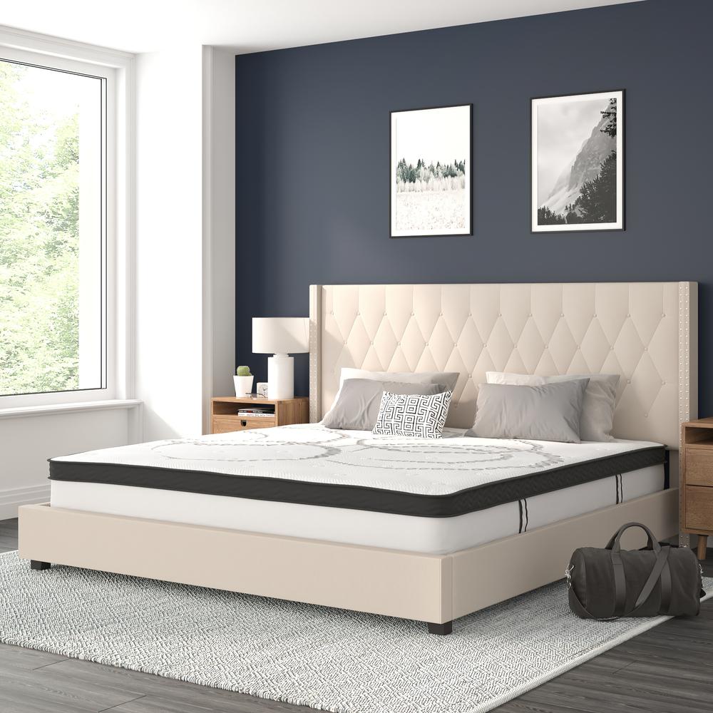 Riverdale King Size Tufted Upholstered Platform Bed in Beige Fabric with 10 Inch CertiPUR-US Certified Pocket Spring Mattress. Picture 2