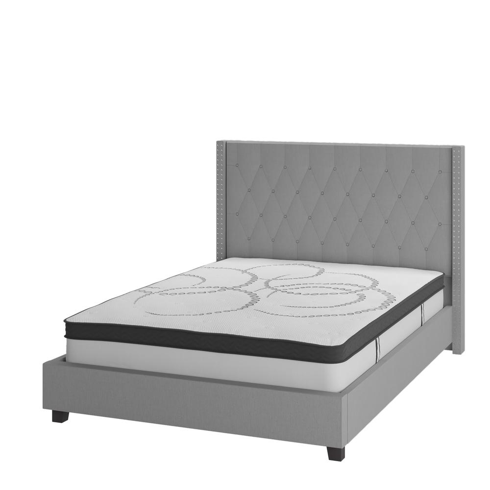 Riverdale Full Size Tufted Upholstered Platform Bed in Light Gray Fabric with 10 Inch CertiPUR-US Certified Pocket Spring Mattress. The main picture.