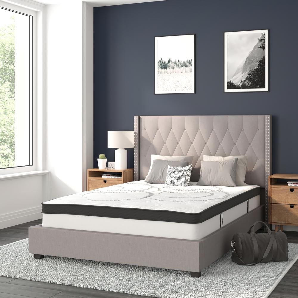 Riverdale Full Size Tufted Upholstered Platform Bed in Light Gray Fabric with 10 Inch CertiPUR-US Certified Pocket Spring Mattress. Picture 2