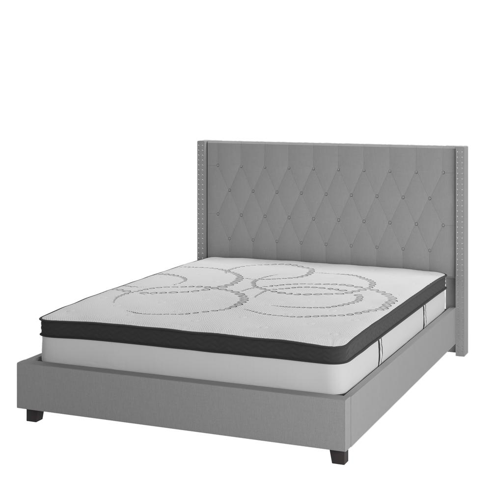King Size Tufted Upholstered Platform Bed in Light Gray Fabric. Picture 1