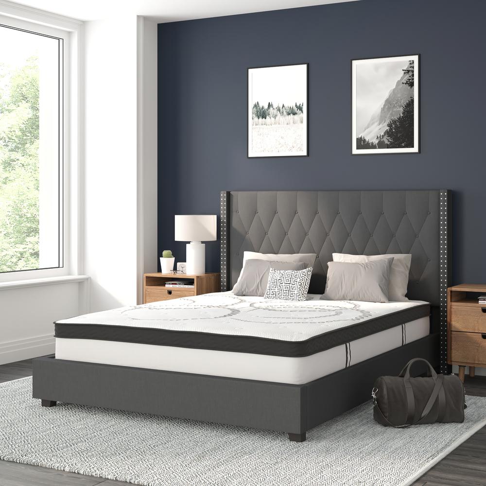 Queen Size Tufted Upholstered Platform Bed in Dark Gray Fabric. Picture 2