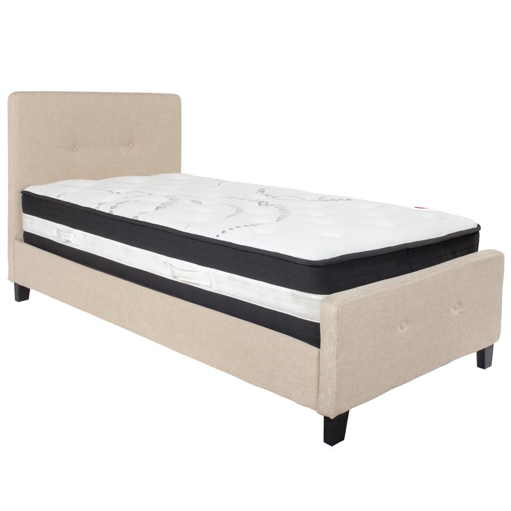 Twin-Size Two Button Tufted Upholstered Platform Bed in Beige Fabric with Mattress. Picture 1