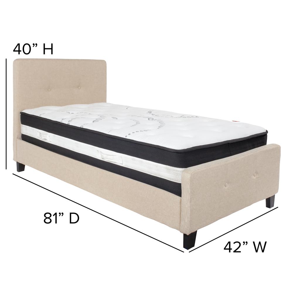 Twin-Size Two Button Tufted Upholstered Platform Bed in Beige Fabric with Mattress. Picture 2