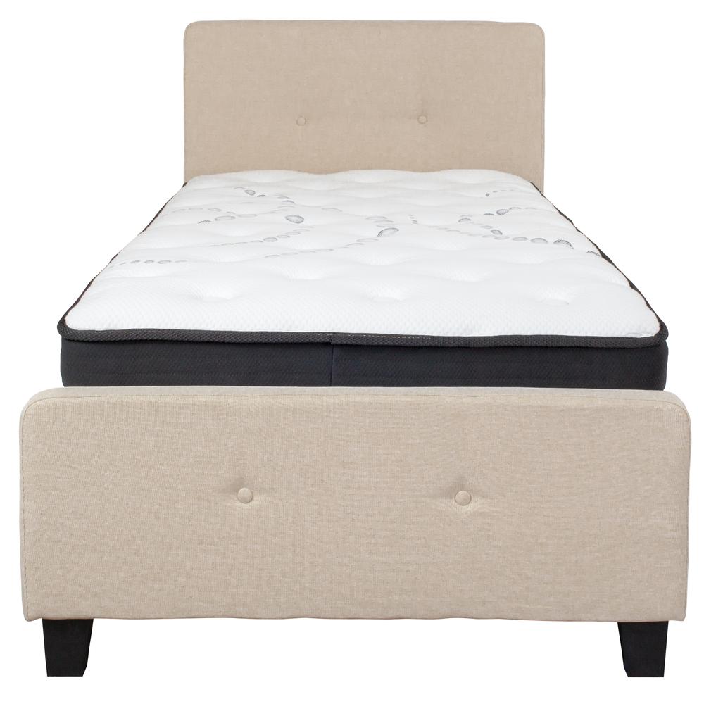 Twin-Size Two Button Tufted Upholstered Platform Bed in Beige Fabric with Mattress. Picture 3