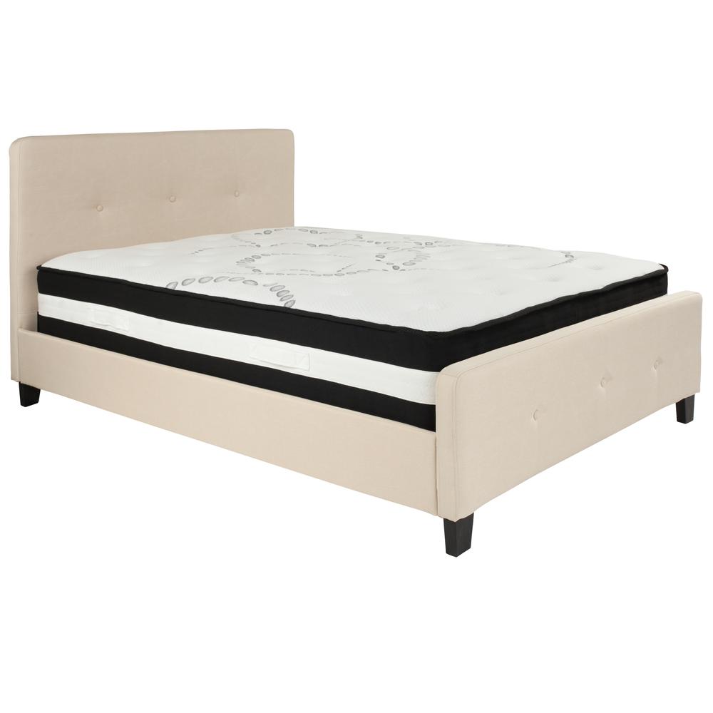 Full-Size Three Button Tufted Upholstered Platform Bed in Beige Fabric with Mattress. Picture 1