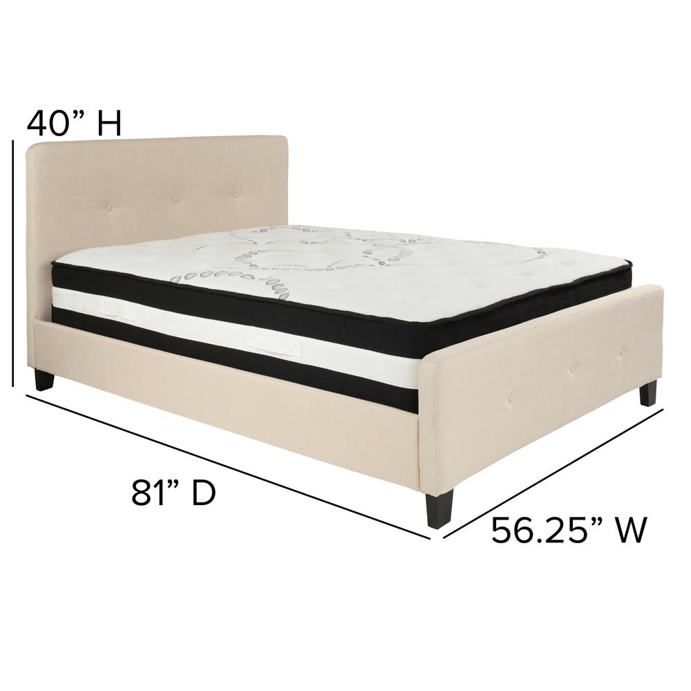 Full-Size Three Button Tufted Upholstered Platform Bed in Beige Fabric with Mattress. Picture 2