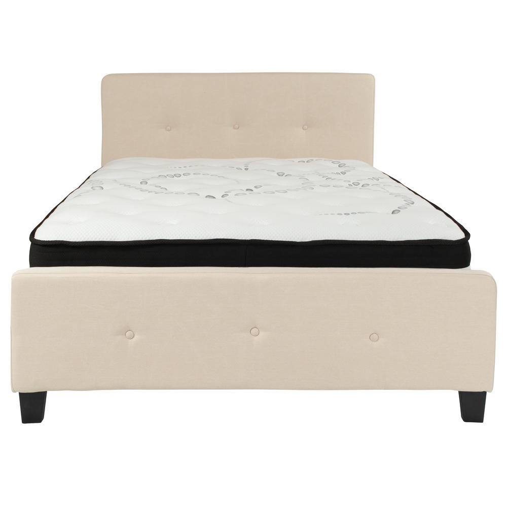 Full-Size Three Button Tufted Upholstered Platform Bed in Beige Fabric with Mattress. Picture 3