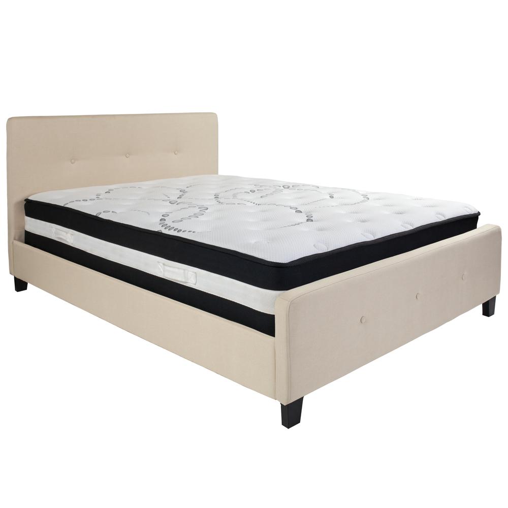Queen-Size Three Button Tufted Upholstered Platform Bed in Beige Fabric with Mattress. Picture 1