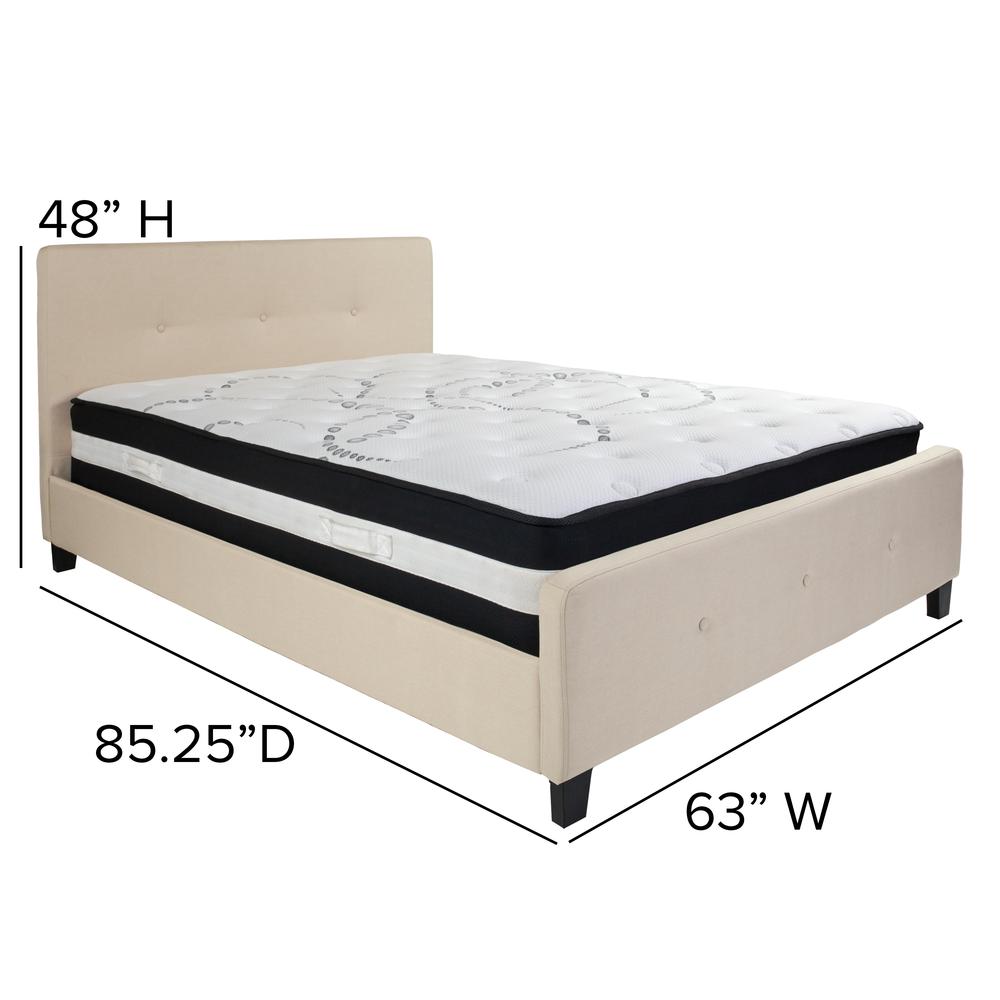 Queen-Size Three Button Tufted Upholstered Platform Bed in Beige Fabric with Mattress. Picture 2
