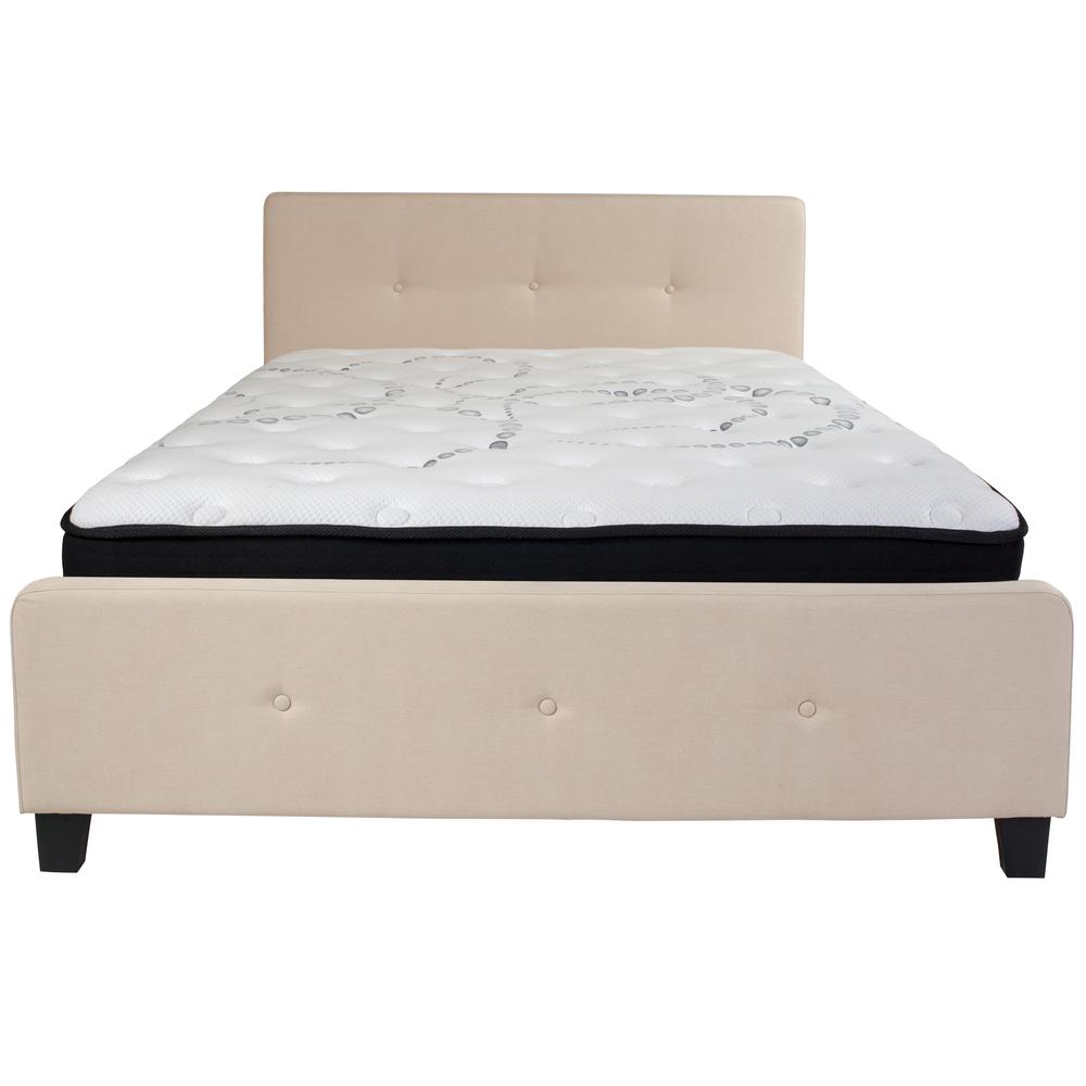 Queen-Size Three Button Tufted Upholstered Platform Bed in Beige Fabric with Mattress. Picture 3