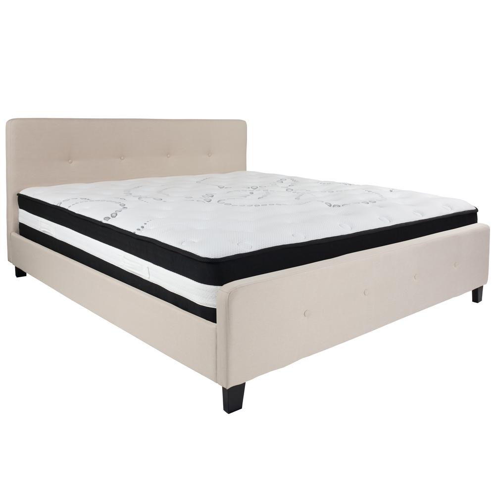King-Size Four Button Tufted Upholstered Platform Bed in Beige Fabric with Mattress. Picture 1