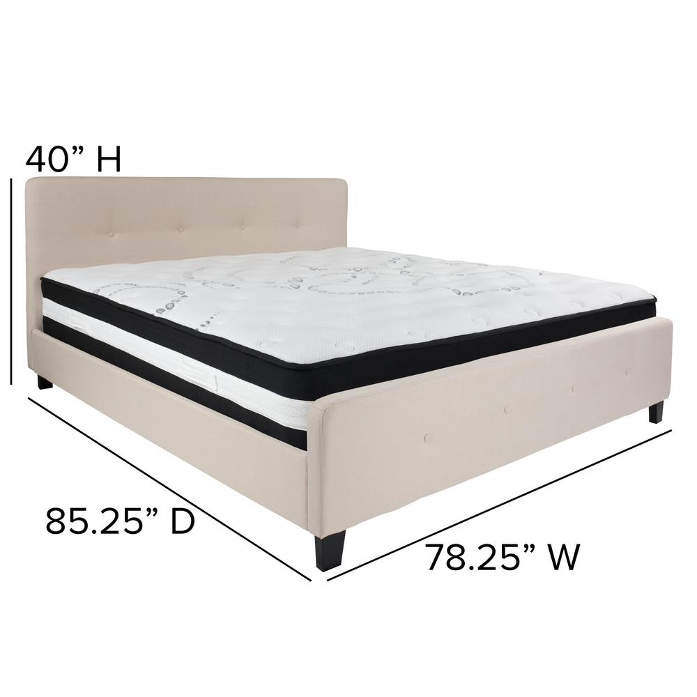 King-Size Four Button Tufted Upholstered Platform Bed in Beige Fabric with Mattress. Picture 2