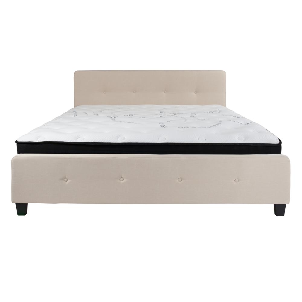King-Size Four Button Tufted Upholstered Platform Bed in Beige Fabric with Mattress. Picture 3