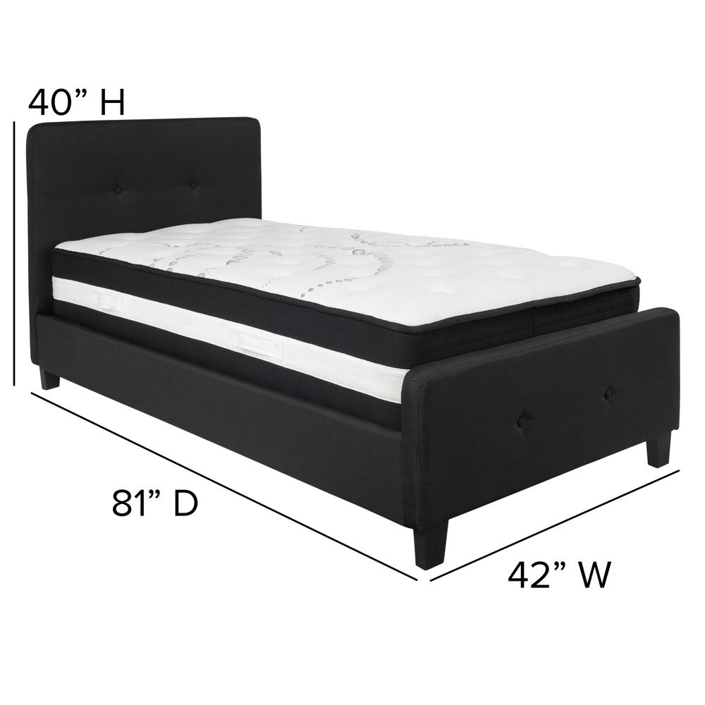 Twin-Size Two Button Tufted Upholstered Platform Bed in Black Fabric with Mattress. Picture 2