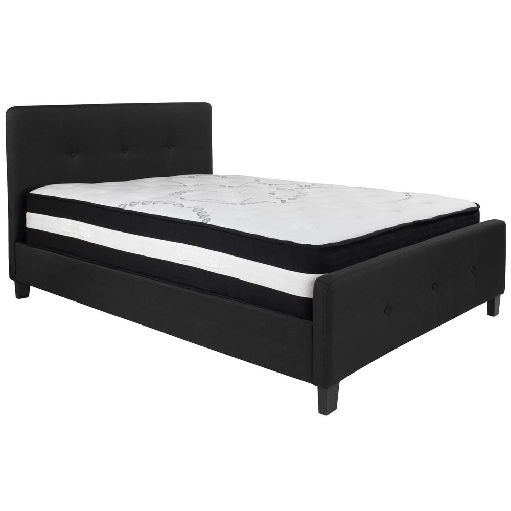 Full-Size Three Button Tufted Upholstered Platform Bed in Black Fabric with Mattress. Picture 1