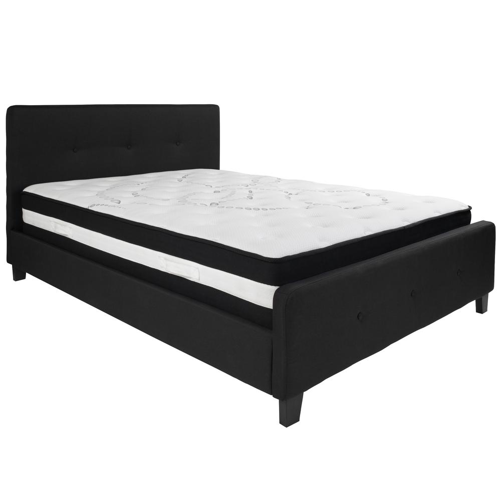 Queen-Size Three Button Tufted Upholstered Platform Bed in Black Fabric with Mattress. Picture 1
