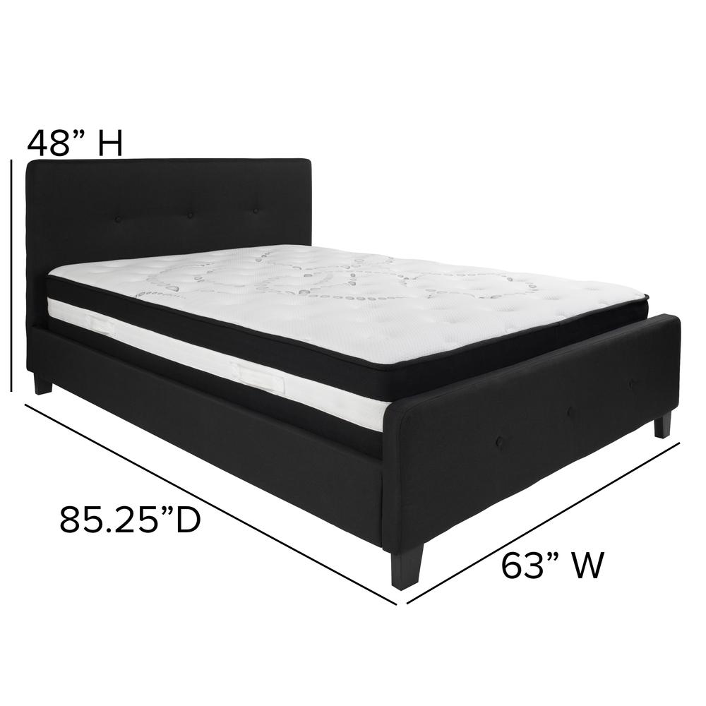 Queen-Size Three Button Tufted Upholstered Platform Bed in Black Fabric with Mattress. Picture 2