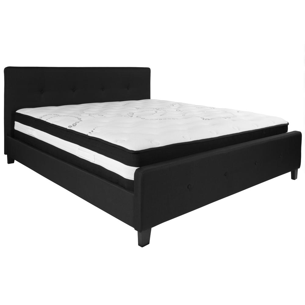 King-Size Four Button Tufted Upholstered Platform Bed in Black Fabric with Mattress. Picture 1