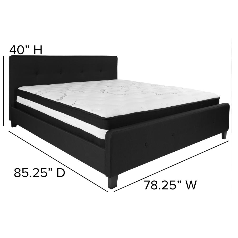 King-Size Four Button Tufted Upholstered Platform Bed in Black Fabric with Mattress. Picture 2