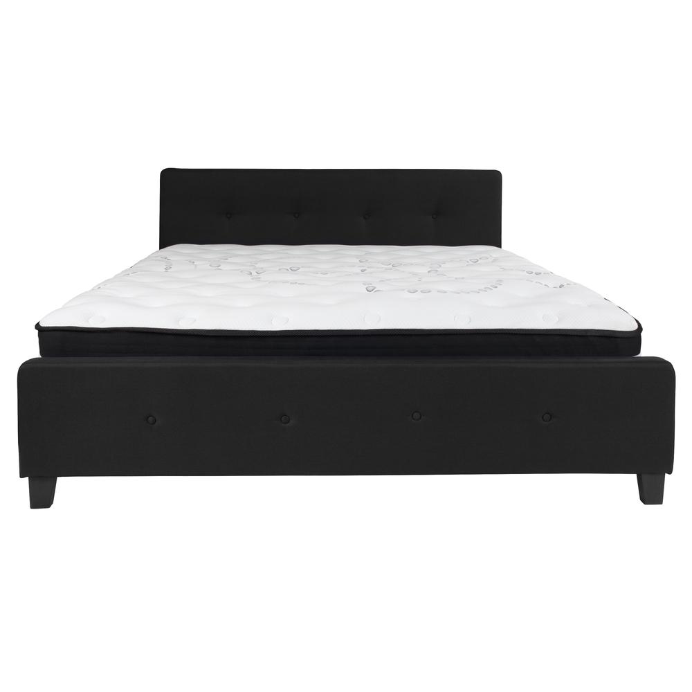 King-Size Four Button Tufted Upholstered Platform Bed in Black Fabric with Mattress. Picture 3