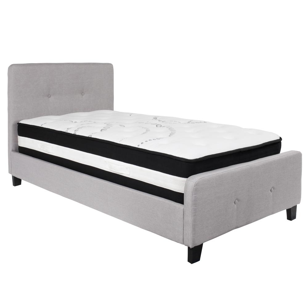 Twin-Size Two Button Tufted Upholstered Platform Bed in Light Gray Fabric with Mattress. Picture 1
