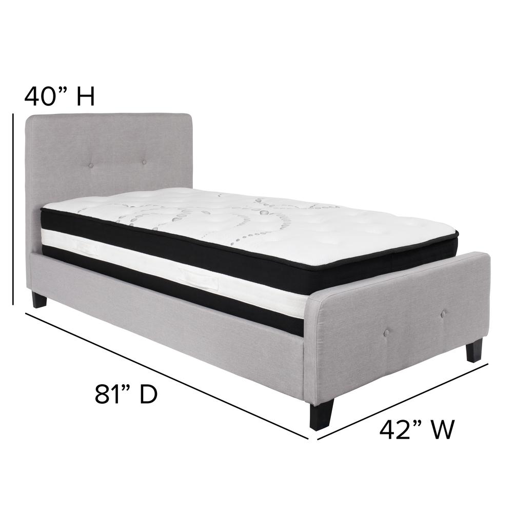 Twin-Size Two Button Tufted Upholstered Platform Bed in Light Gray Fabric with Mattress. Picture 2