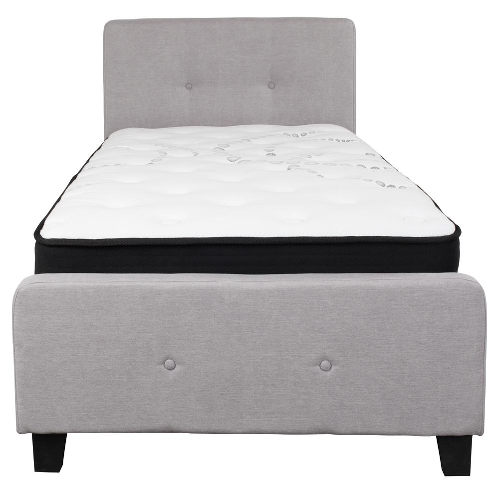 Twin-Size Two Button Tufted Upholstered Platform Bed in Light Gray Fabric with Mattress. Picture 3