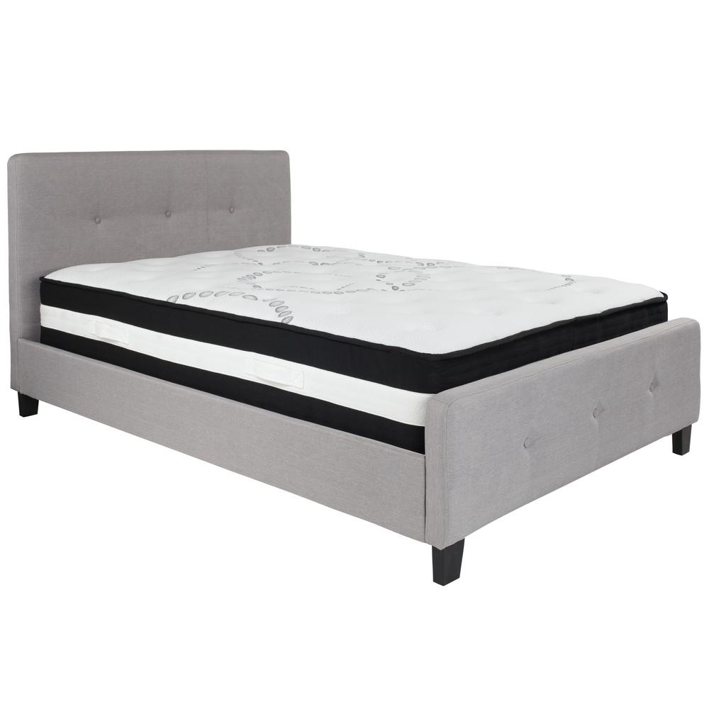 Full-Size Three Button Tufted Upholstered Platform Bed in Light Gray Fabric with Mattress. Picture 1
