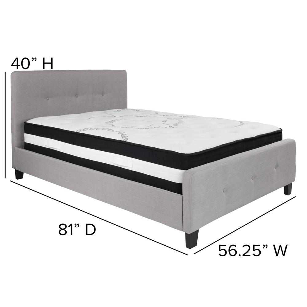 Full-Size Three Button Tufted Upholstered Platform Bed in Light Gray Fabric with Mattress. Picture 2