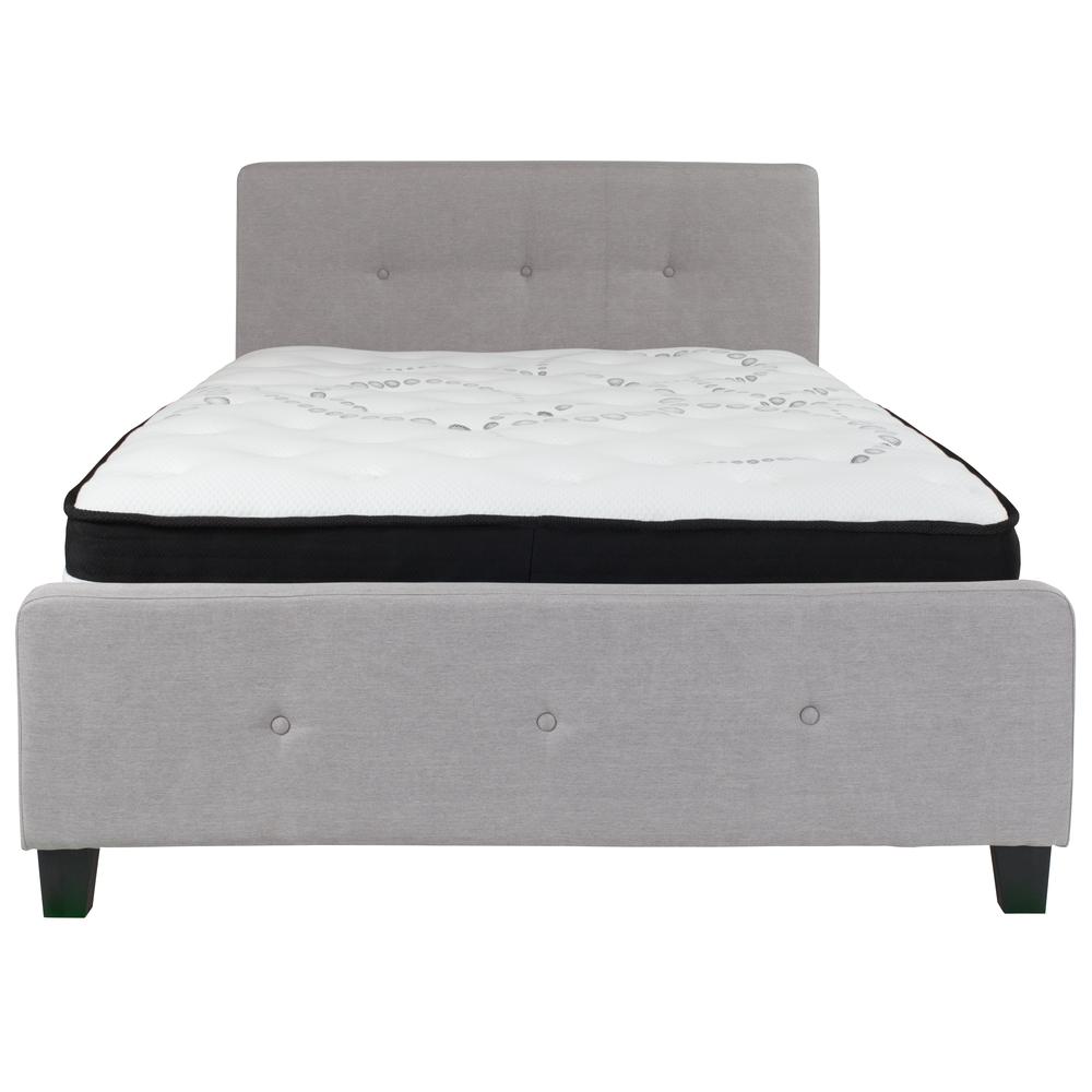 Full-Size Three Button Tufted Upholstered Platform Bed in Light Gray Fabric with Mattress. Picture 3