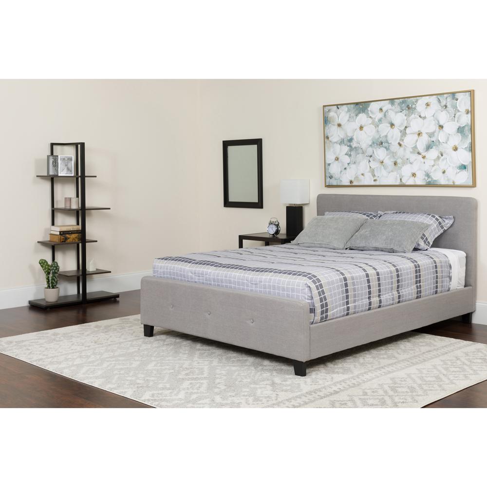 Full-Size Three Button Tufted Upholstered Platform Bed in Light Gray Fabric with Mattress. Picture 4