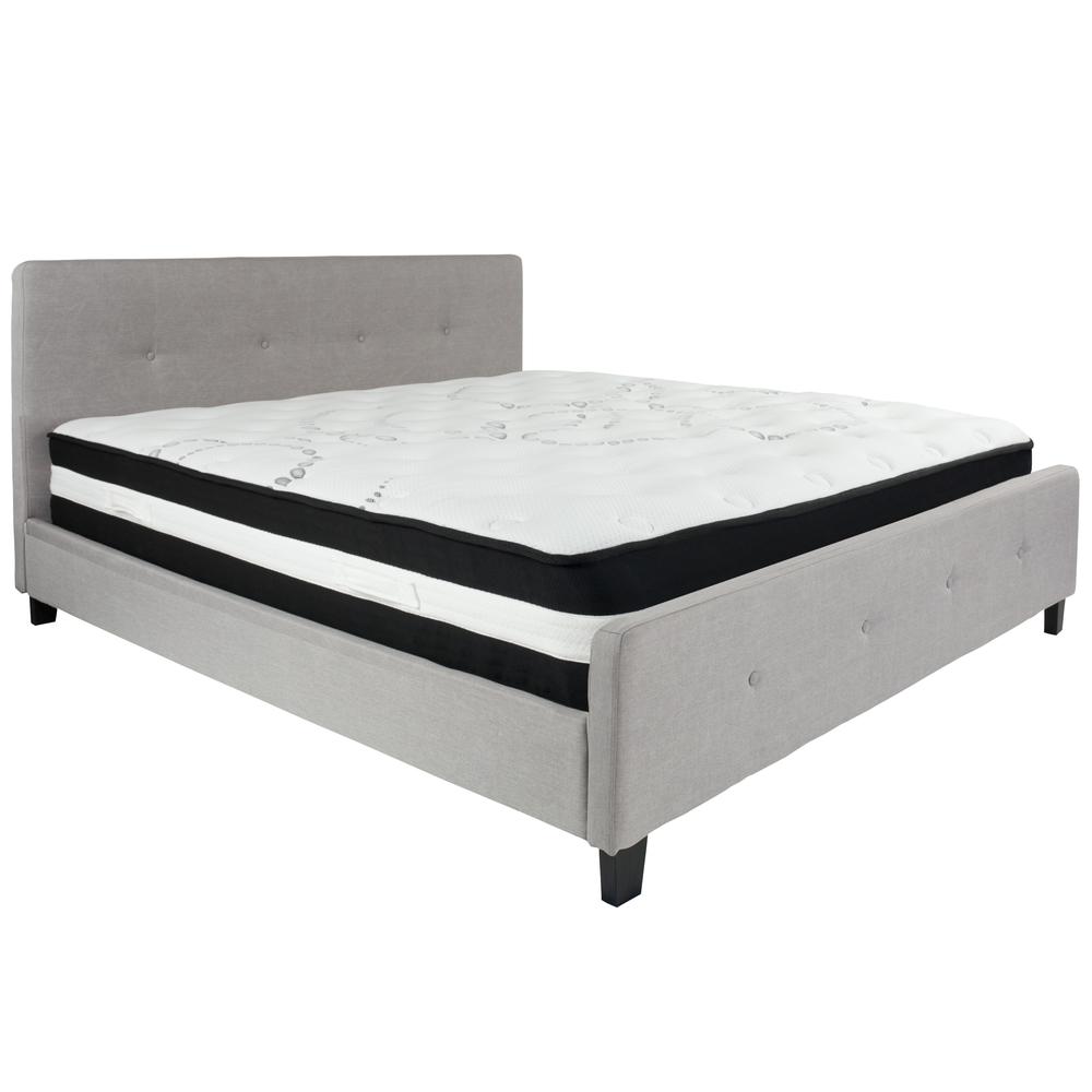 King-Size Four Button Tufted Upholstered Platform Bed in Light Gray Fabric with Mattress. Picture 1