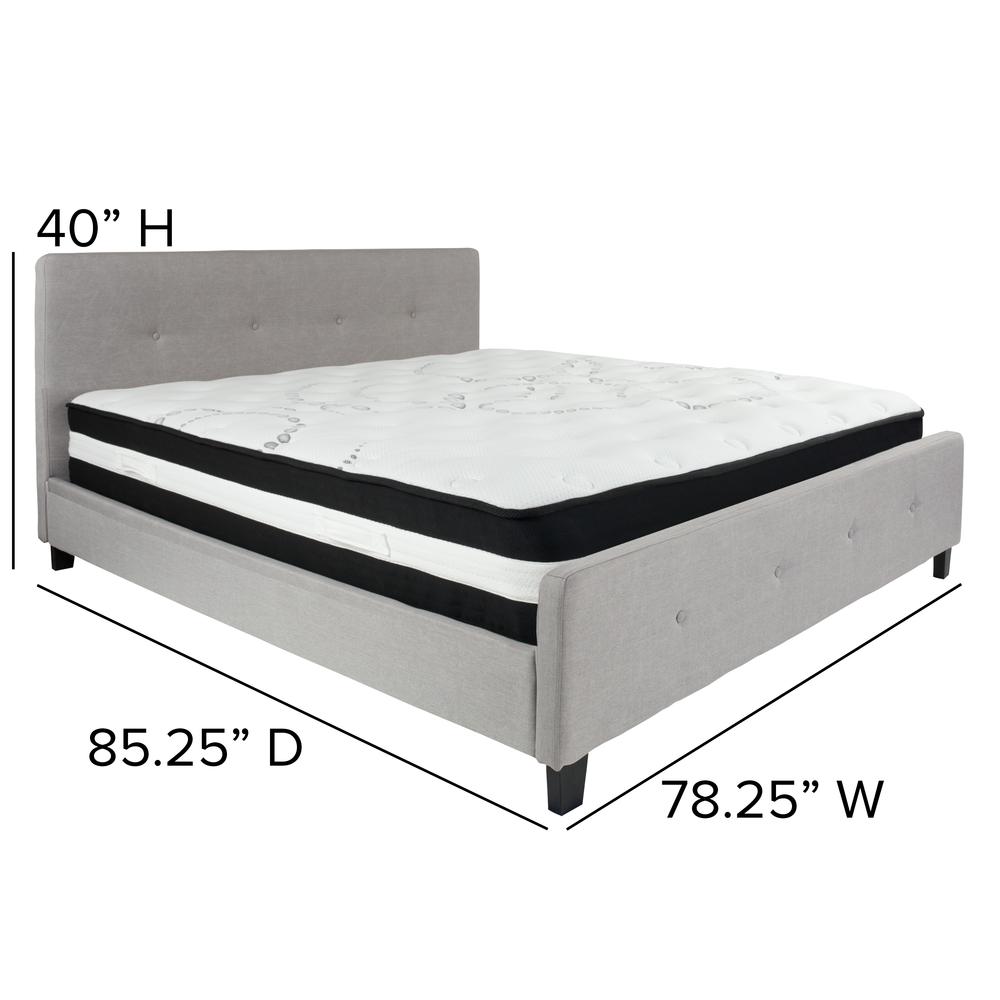 King-Size Four Button Tufted Upholstered Platform Bed in Light Gray Fabric with Mattress. Picture 2