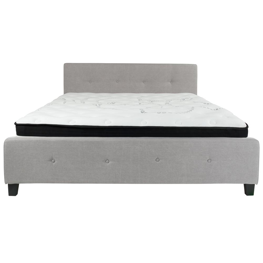 King-Size Four Button Tufted Upholstered Platform Bed in Light Gray Fabric with Mattress. Picture 3