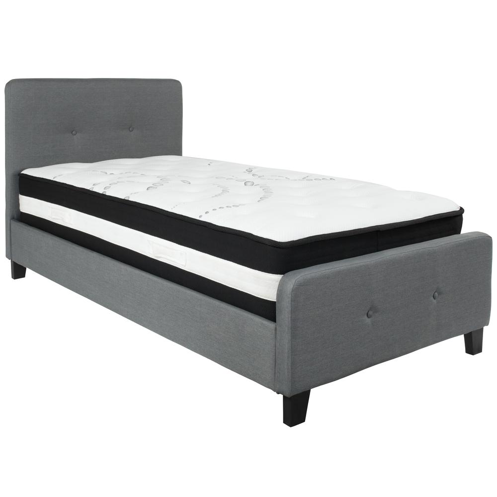 Twin-Size Two Button Tufted Upholstered Platform Bed in Dark Gray Fabric with Mattress. Picture 1