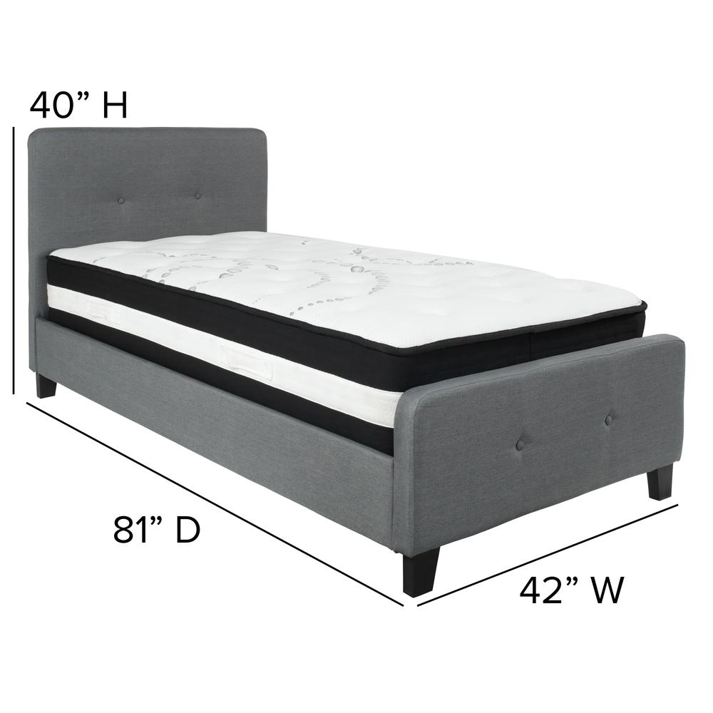 Twin-Size Two Button Tufted Upholstered Platform Bed in Dark Gray Fabric with Mattress. Picture 2