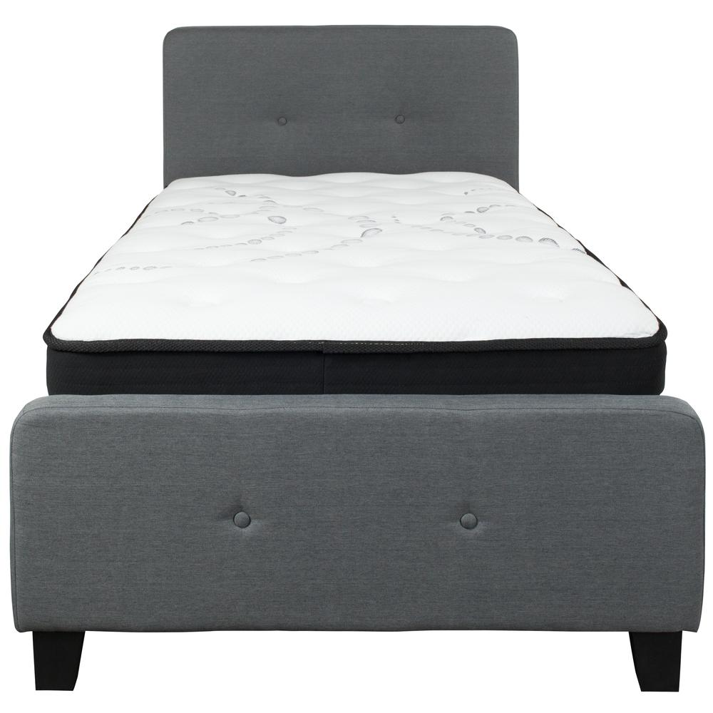 Twin-Size Two Button Tufted Upholstered Platform Bed in Dark Gray Fabric with Mattress. Picture 3