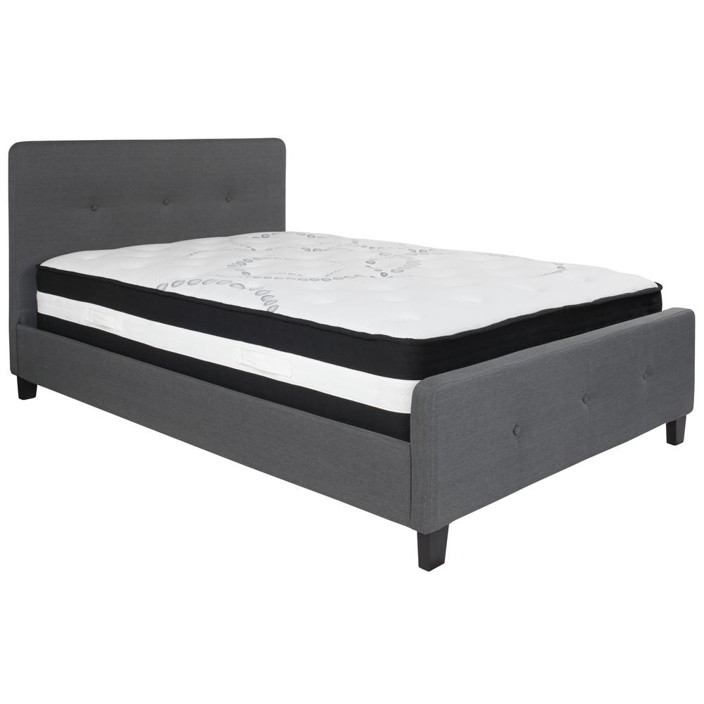 Full-Size Three Button Tufted Upholstered Platform Bed in Dark Gray Fabric with Mattress. Picture 1