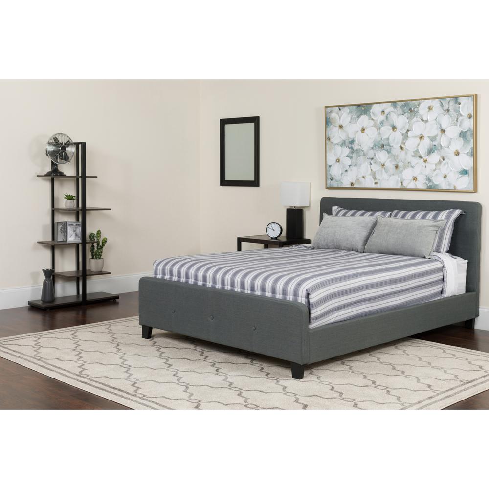 Full-Size Three Button Tufted Upholstered Platform Bed in Dark Gray Fabric with Mattress. Picture 4