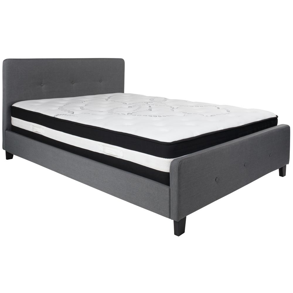 Queen-Size Three Button Tufted Upholstered Platform Bed in Dark Gray Fabric with Mattress. Picture 1