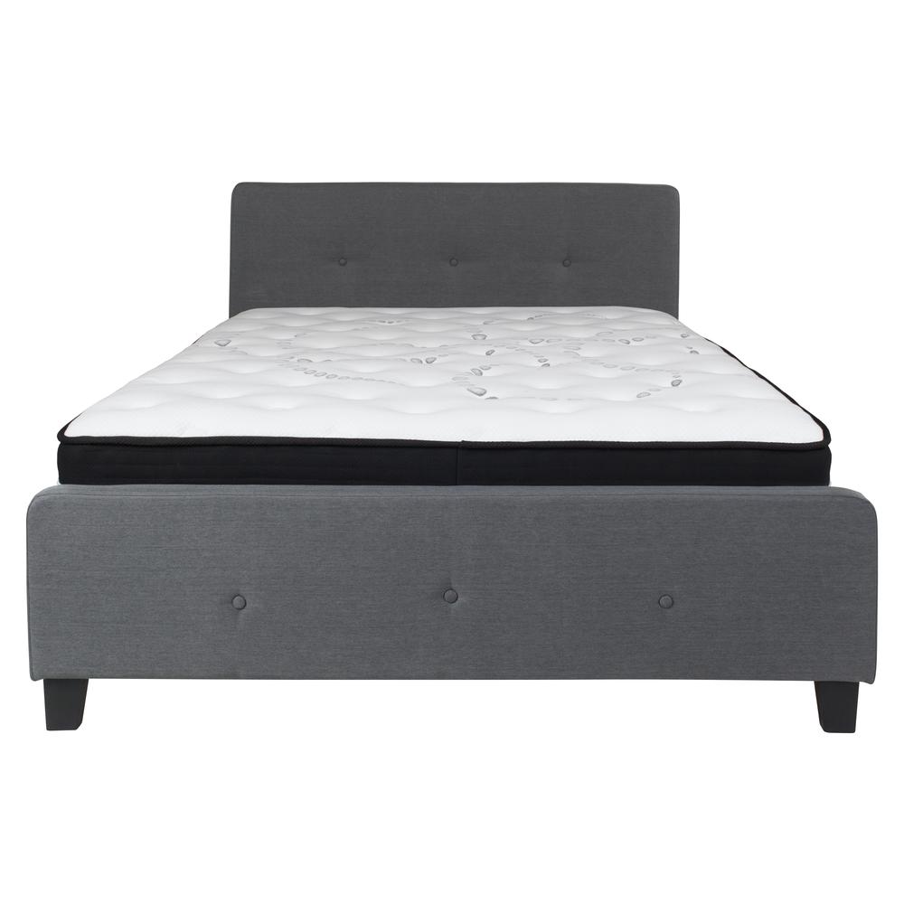 Queen-Size Three Button Tufted Upholstered Platform Bed in Dark Gray Fabric with Mattress. Picture 3