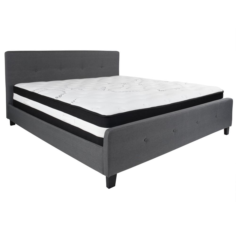 King-Size Four Button Tufted Upholstered Platform Bed in Dark Gray Fabric with Mattress. Picture 1