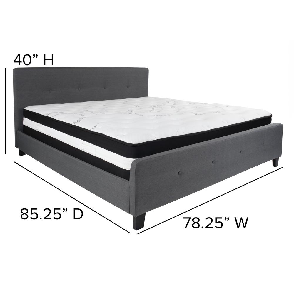 King-Size Four Button Tufted Upholstered Platform Bed in Dark Gray Fabric with Mattress. Picture 2