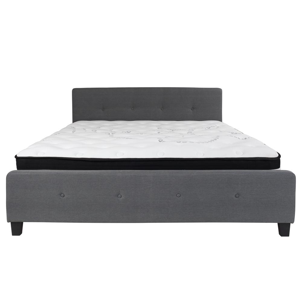 King-Size Four Button Tufted Upholstered Platform Bed in Dark Gray Fabric with Mattress. Picture 3