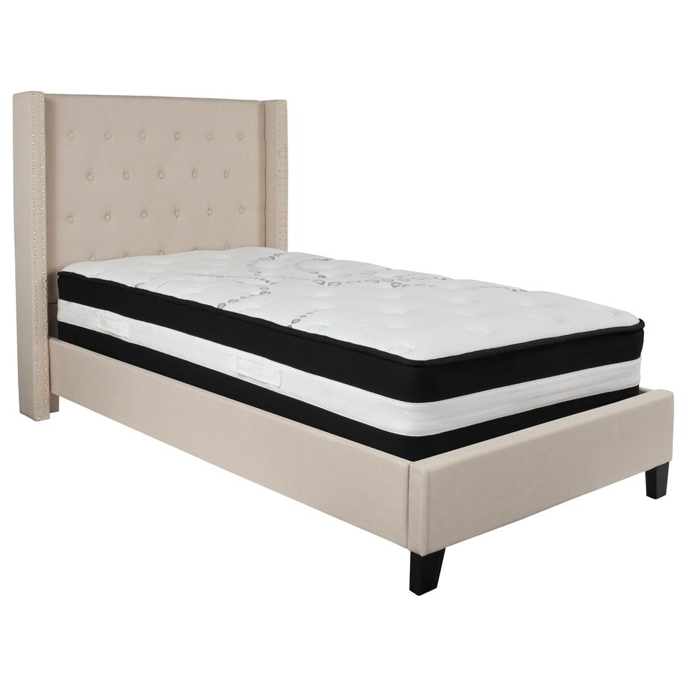 Twin-Size Tufted Upholstered Platform Bed with Accent Nail Trimmed Extended Sides in Beige Fabric with Mattress. Picture 1