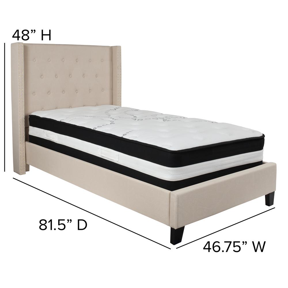 Twin-Size Tufted Upholstered Platform Bed with Accent Nail Trimmed Extended Sides in Beige Fabric with Mattress. Picture 2