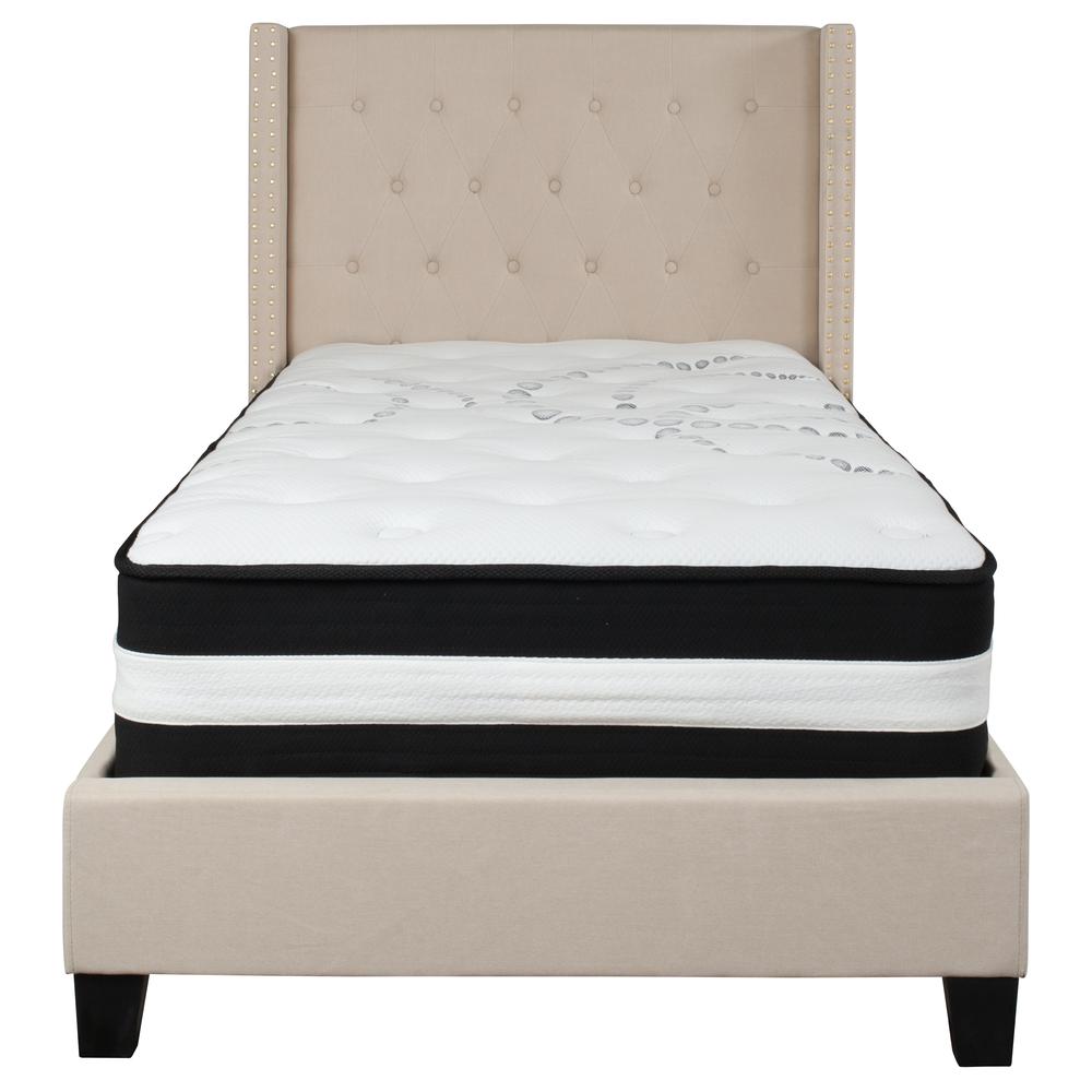 Twin-Size Tufted Upholstered Platform Bed with Accent Nail Trimmed Extended Sides in Beige Fabric with Mattress. Picture 3