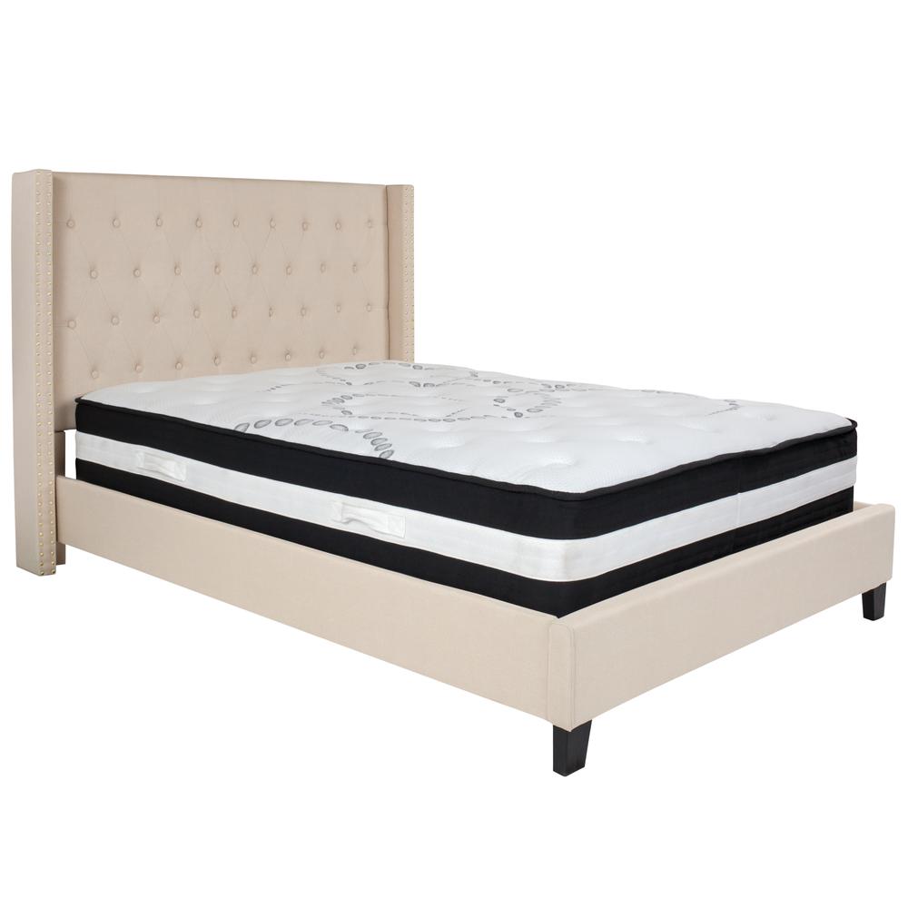 Full-Size Tufted Upholstered Platform Bed with Accent Nail Trimmed Extended Sides in Beige Fabric with Mattress. Picture 1